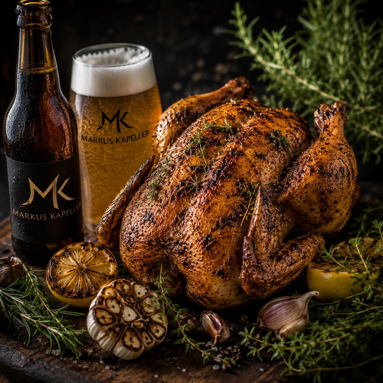 Sulmtaler Huhn, Bier, Kräuter, Knoblauch und Zitrone