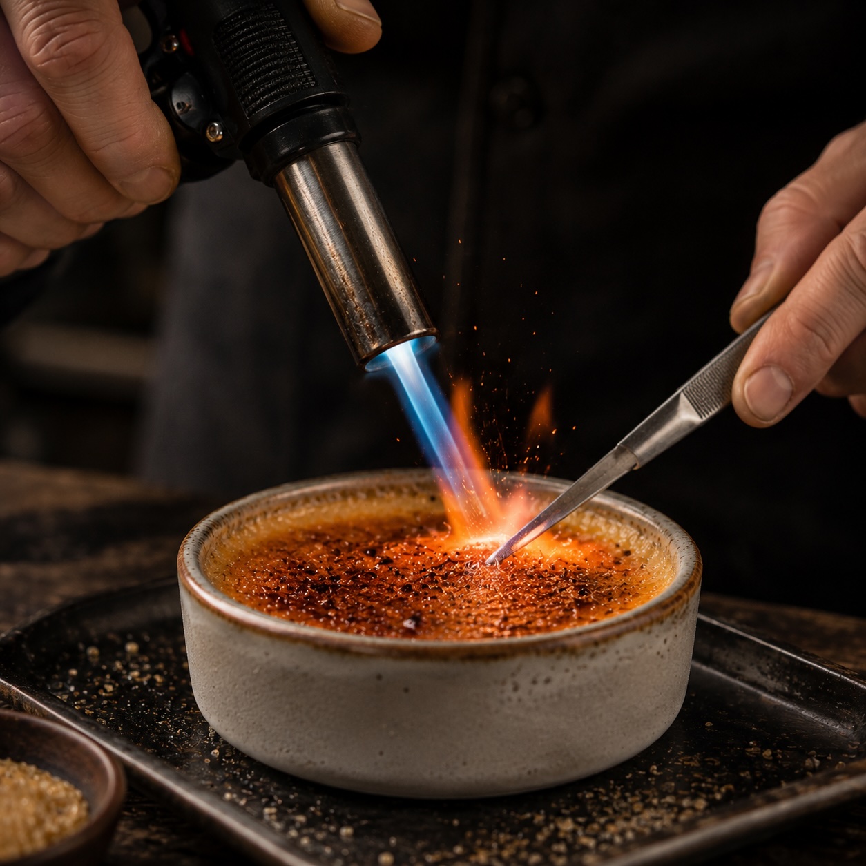 Karamellisieren der Crème Brûlée mit einem Bunsenbrenner