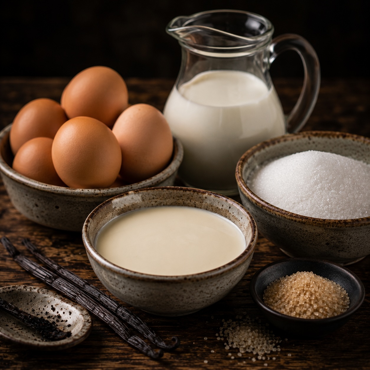 Zutaten für eine klassische Crème Brûlée mit Eiern, Schlagobers, Zucker und Vanille