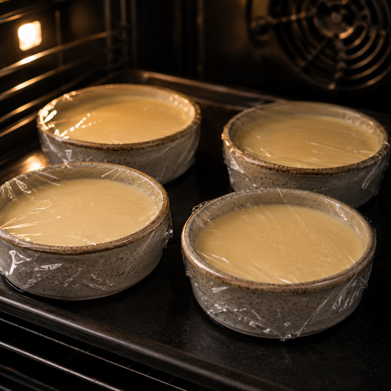 Crème Brûlée im Wasserbad während des Backens im Ofen