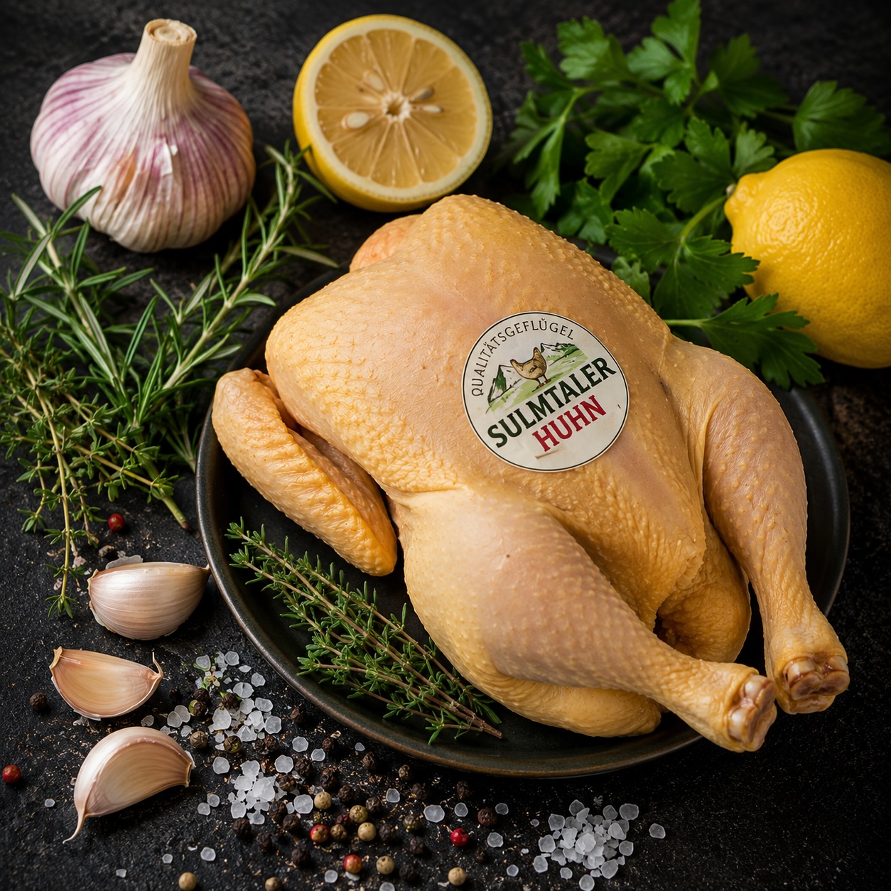 Sulmtaler Huhn, Kräuter, Knoblauch und Zitrone