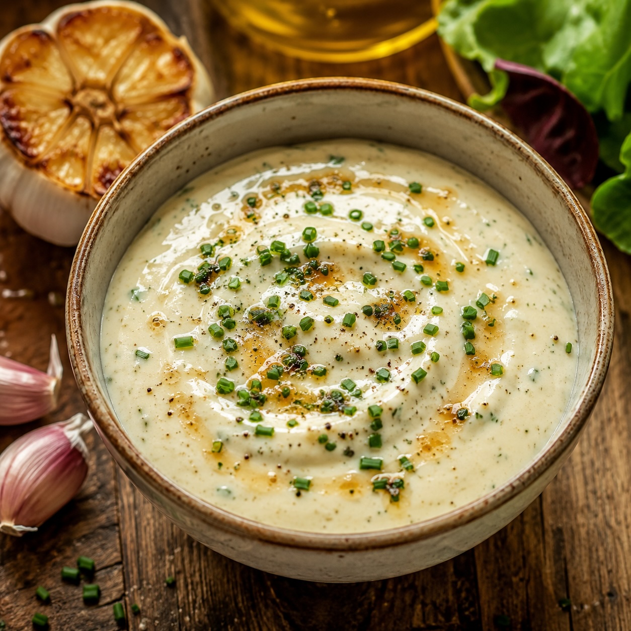Geröstetes Knoblauchdressing mit brauner Butter in einer Keramikschüssel