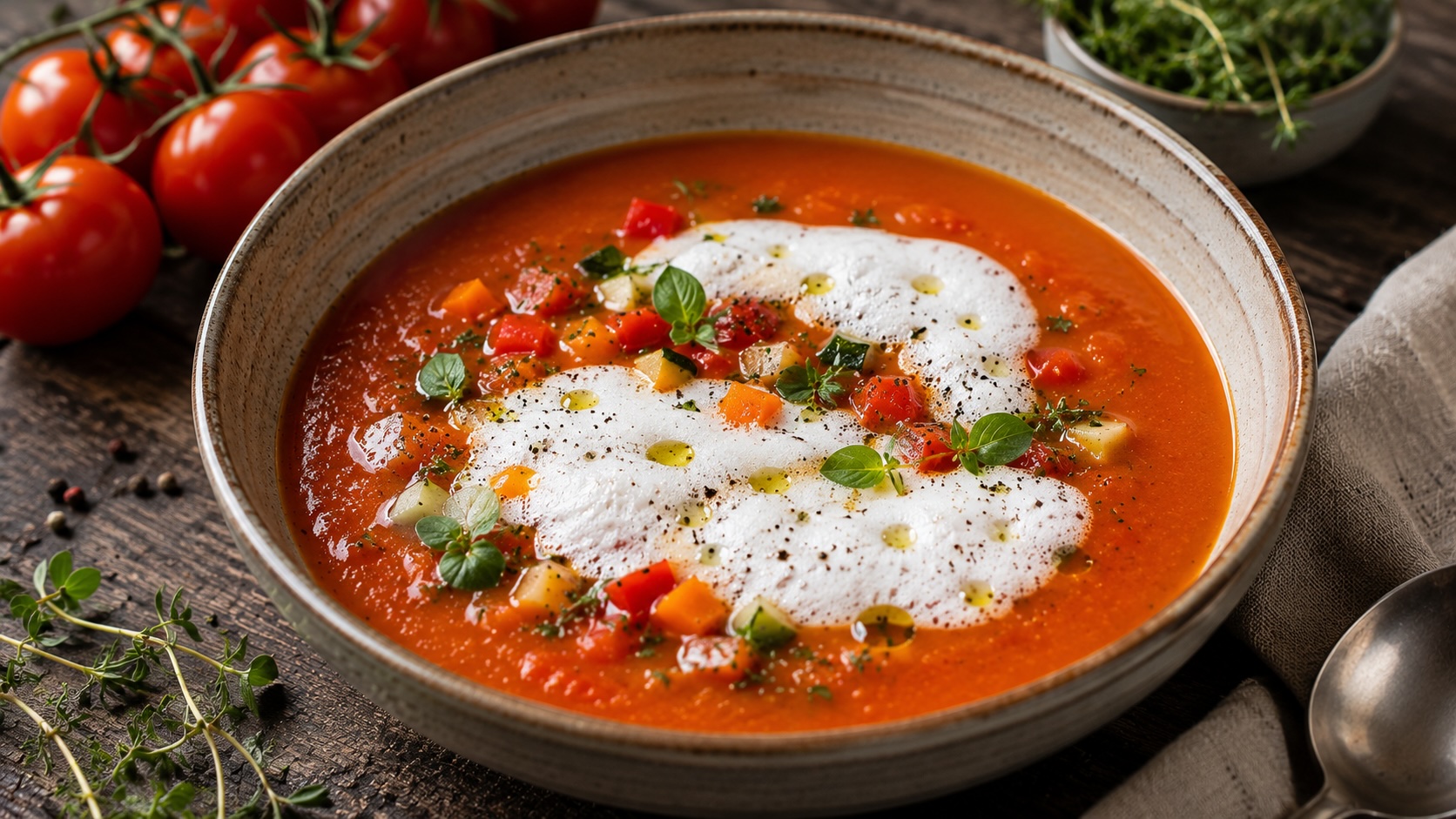 Tomaten-Gemüsesuppe mit Milchschaum, Kräutern und Gemüsewürfeln