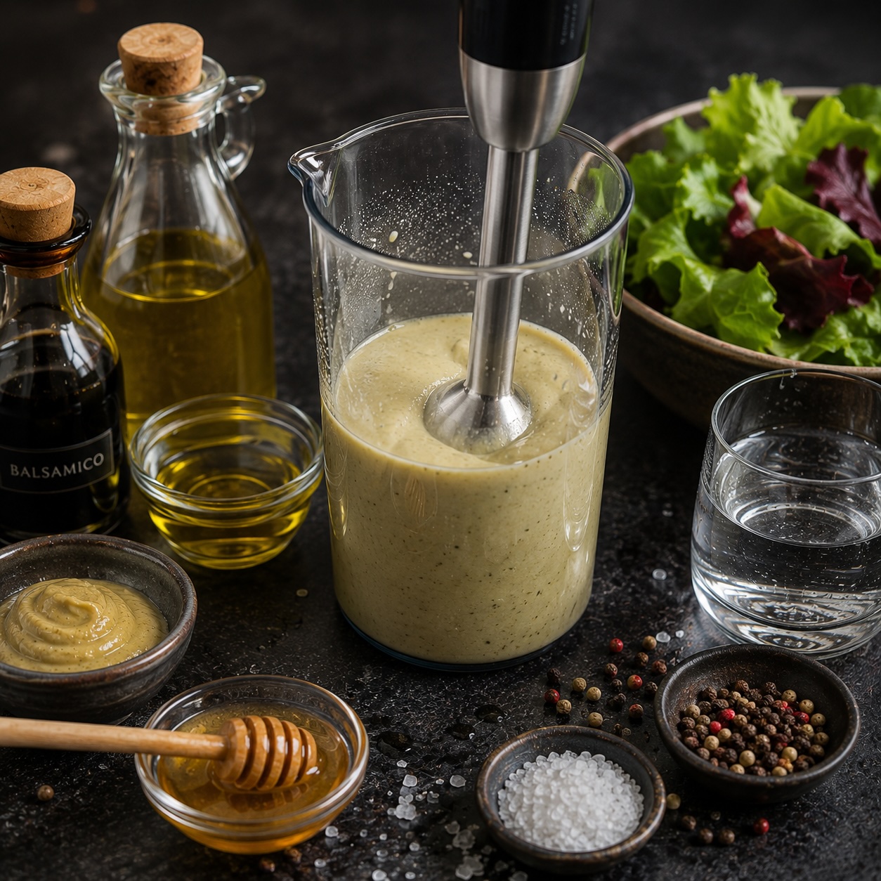 Salatdressing mit dem Stabmixer zu einer cremigen Emulsion verarbeiten