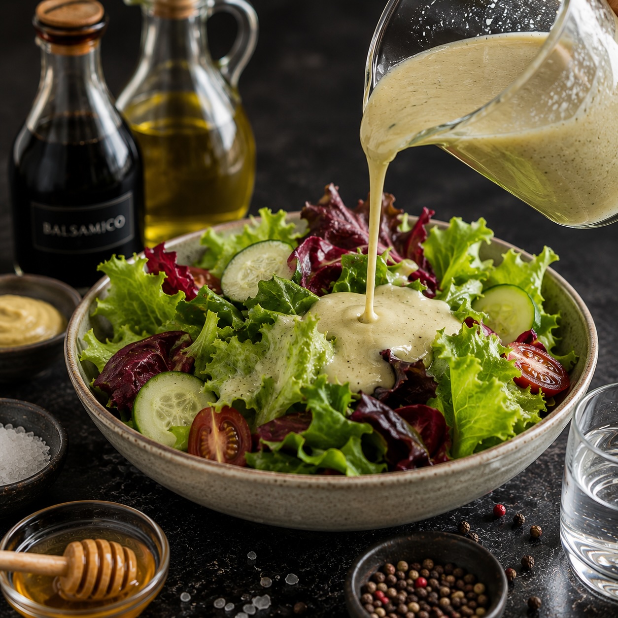 Frischer Blattsalat mit cremigem Honig-Senf-Balsamico-Dressing